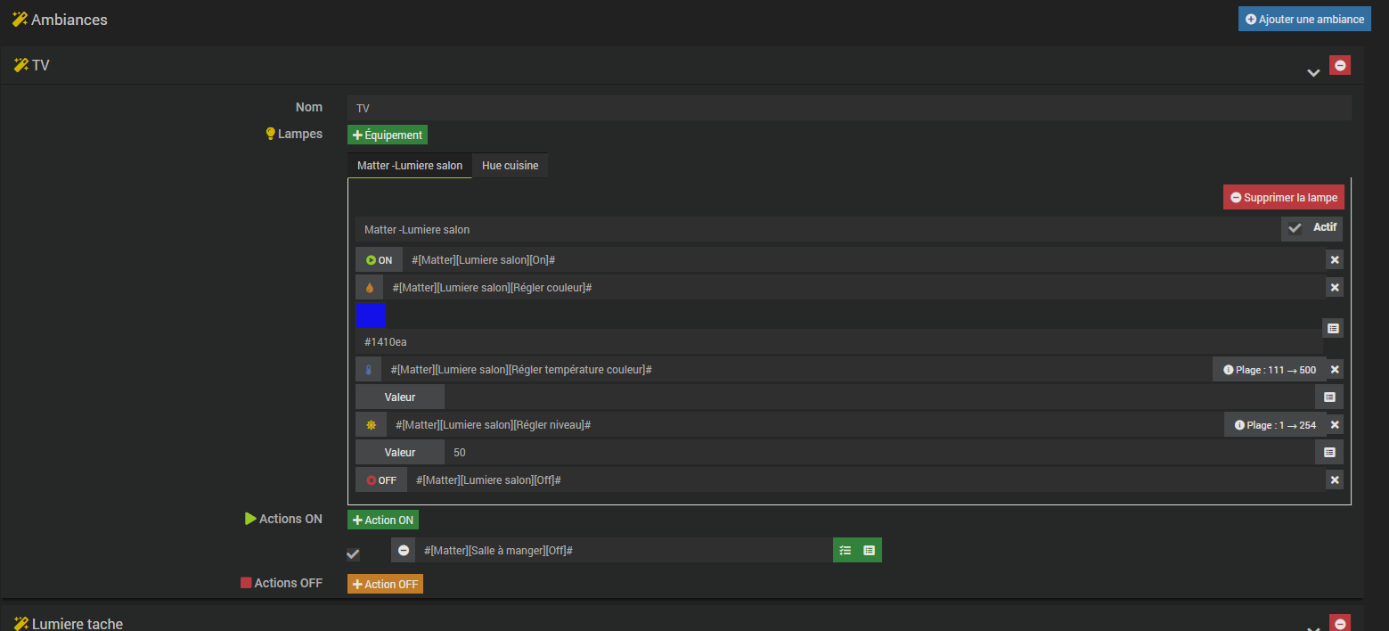 Section Ambiances avec la liste des ambiances configurées