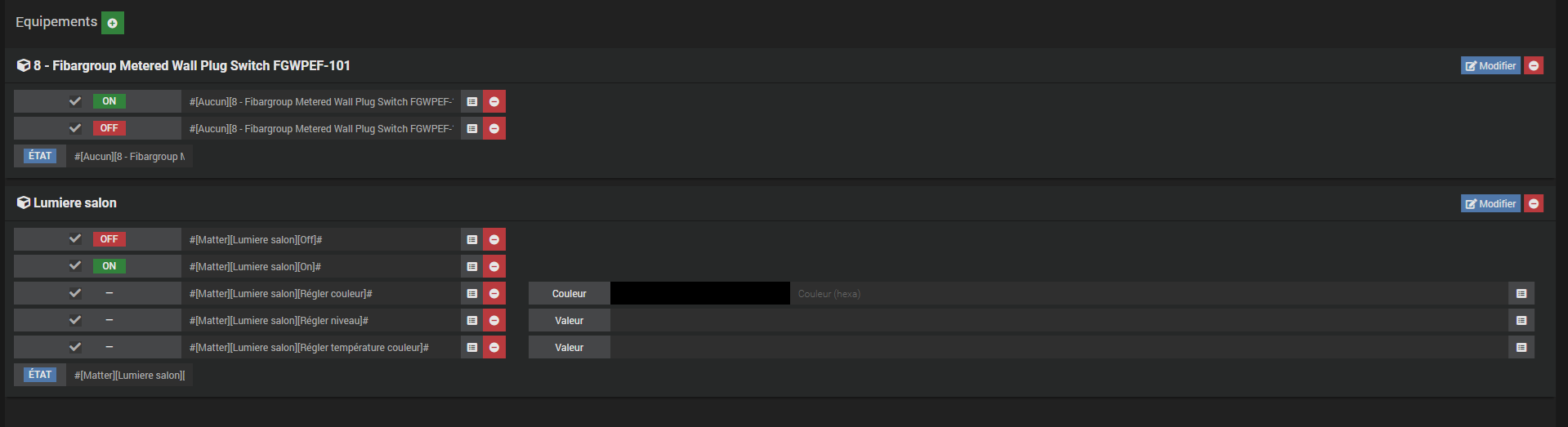 Configured equipment with their commands