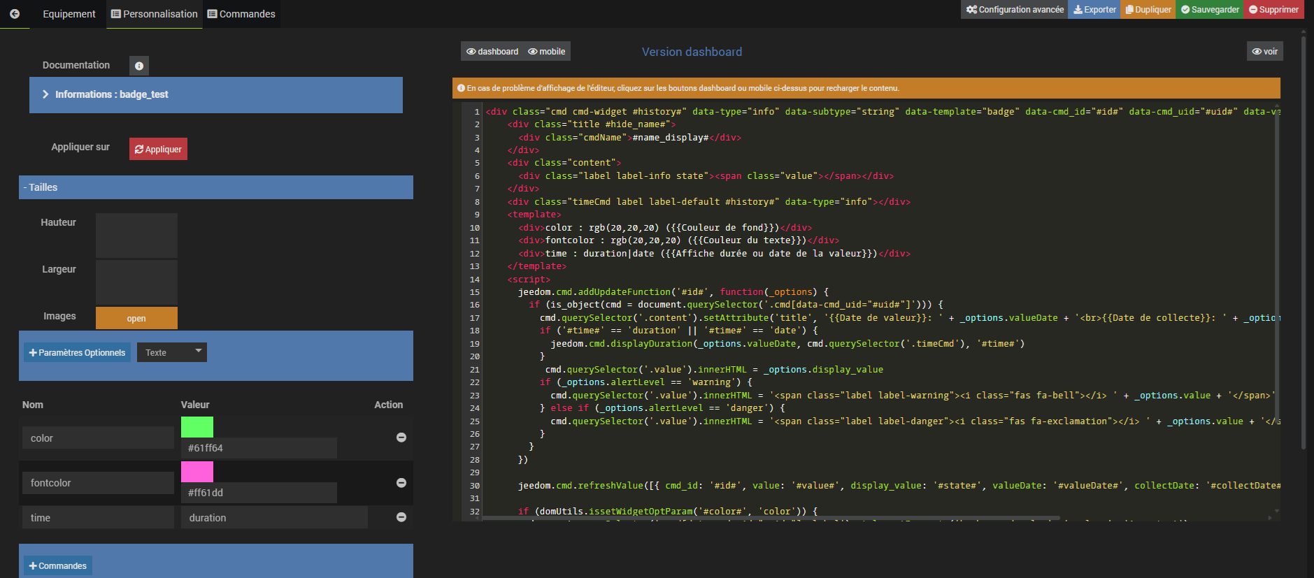 Configuration d'un widget
