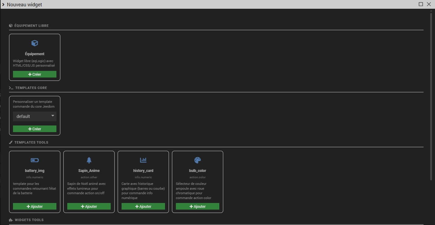 Fenêtre de création des widgets et templates