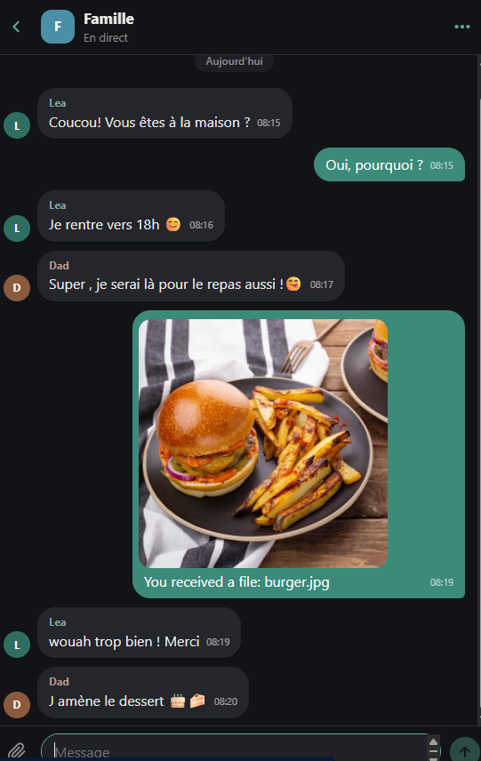 Exemple de conversation dans le Chat Famille ntfybridge